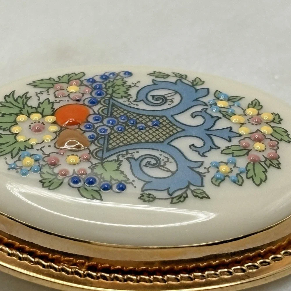 Vintage Lenox Gold Filled Porcelain Brooch Pendant Fine Enamel Floral Flowers